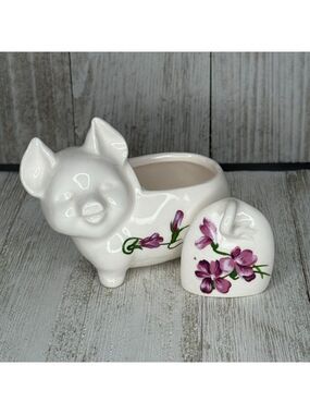 Vintage White Ceramic Pig Figurine Trinket Box with Hand-painted Purple Flowers
